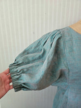 Load image into Gallery viewer, Green Linen Zero-Waste Gathered Short Sleeve Summer Dress
